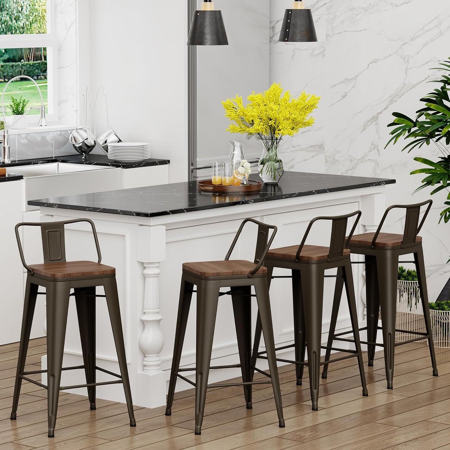 Yongchuang 26 inch Bar Stools Set of 4 Industrial Kitchen Counter Height Barstools with Wood Seat Metal Low Back Bar Chairs Gunmetal
