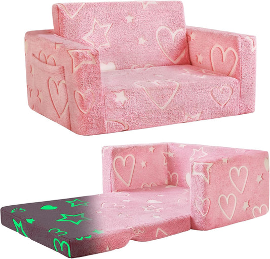 Toddler Chair Comfy,2-in-1 Soft Toddler Couch Fold Out for Kids,Convertible Sofa to Lounger,Gift for Girls and Boys Birthday,Heart,Large