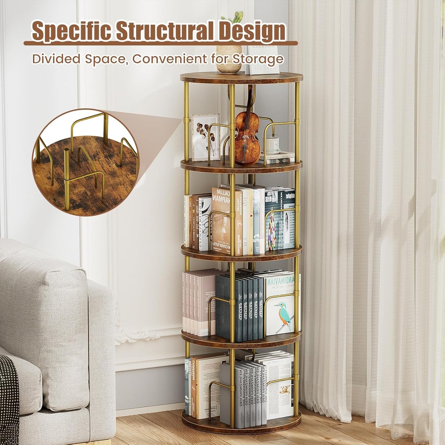 Rotating Bookshelf, 4 Tier Spinning Bookshelf Tower, 360° Display Unique Round Bookcase, Floor Standing Corner Revolving Bookshelf Storage Organizer for Small Spaces, Home Study Office, Gold