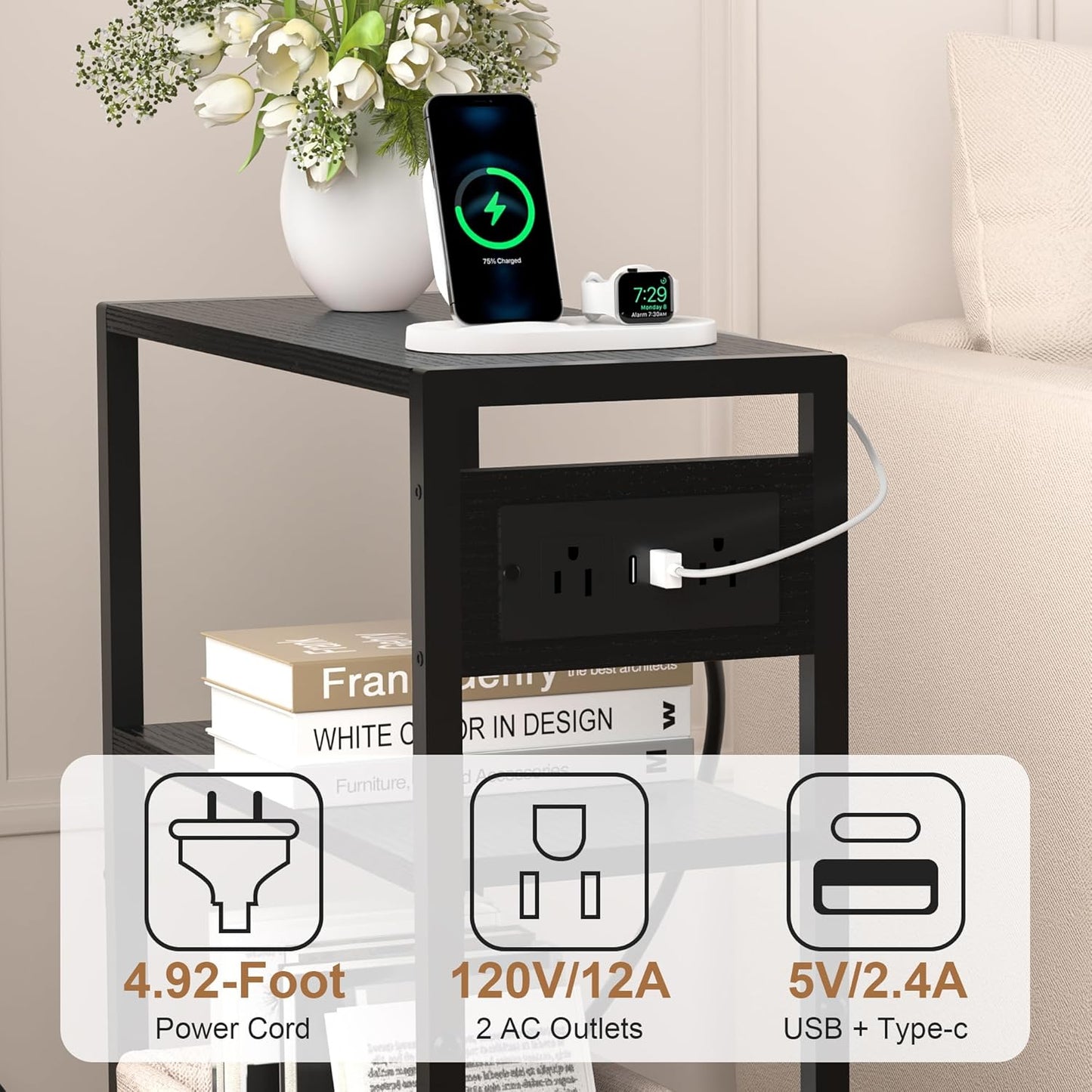 Small Narrow Side Table with Charging Station, Skinny End Table for Small Spaces, Slim Nightstand with Outlets, Sofa Bedside Table in Living Room, Bedroom, Study, Kitchen and Balcony(Black)