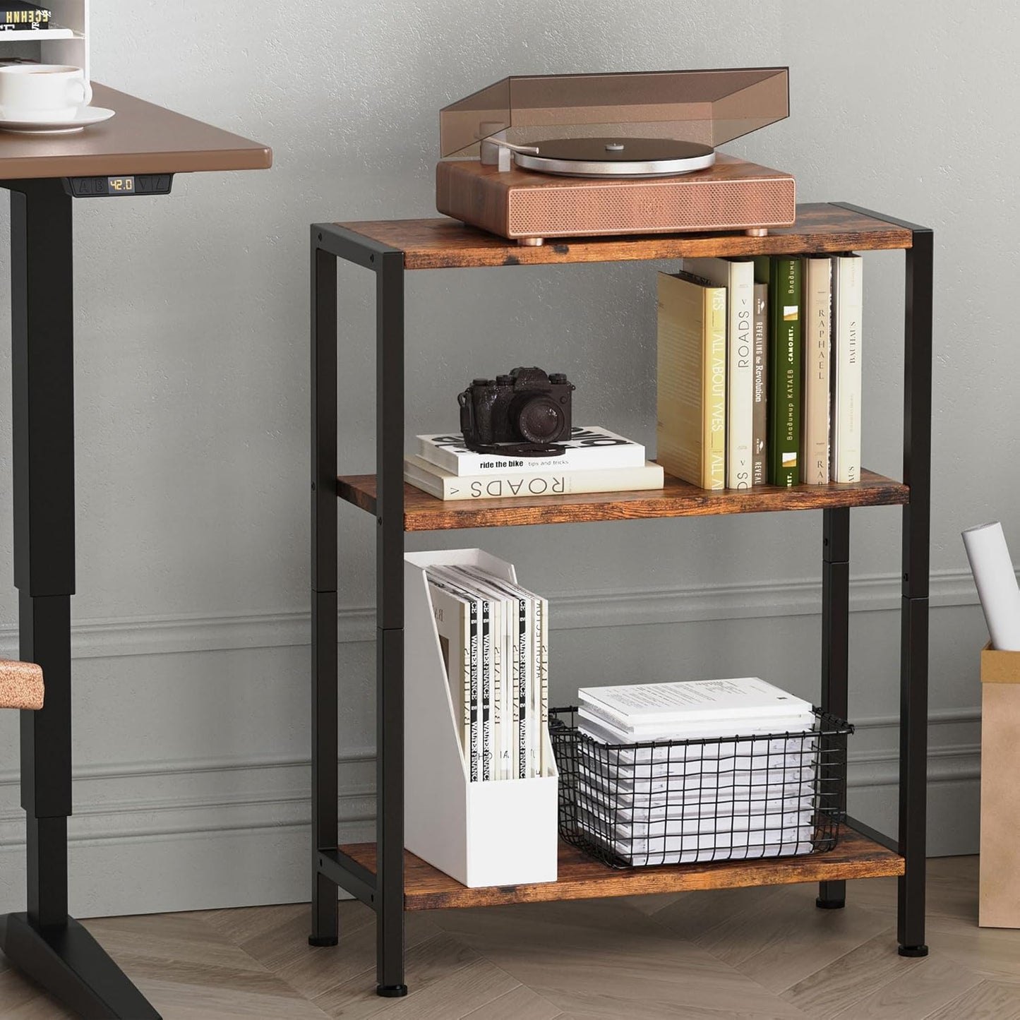 3-Tier Side Table Set of 2, Small End Table, Sofa Side Table for Narrow Spaces, Slim End Table, Nightstand Table, for Living Room Bedroom Office, Rustic Brown