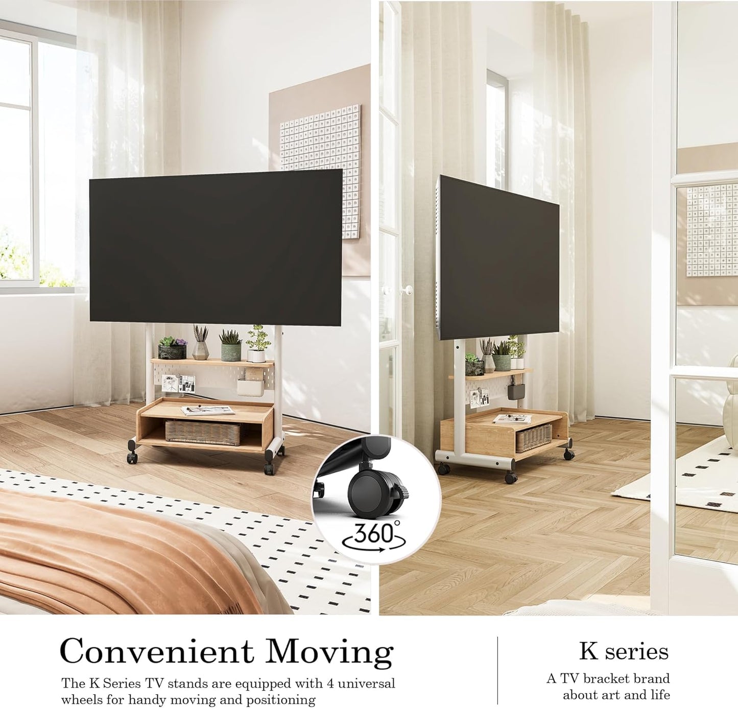 FITUEYES Rolling TV Floor Stand for 40-85in TVs, Heavy Duty Mobile TV Stand on Wheels Lockable, TV Cart with Wooden Large Storage Shelf & Pegboard Hold up to 132 lbs for Bedroom, Living Room, Office