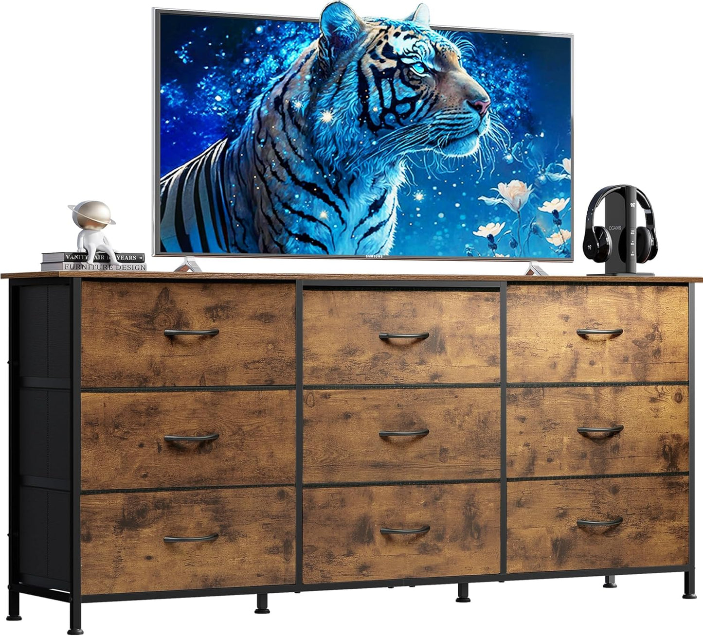 WLIVE 54''W Dresser for Bedroom, Dresser TV Stand for 55, 60, 65 inch TV, Wide Chest of Drawers with 9 Drawer, Large Entertainment Center, Fabric Dressers with Wood Top for Living Room, Rustic Brown