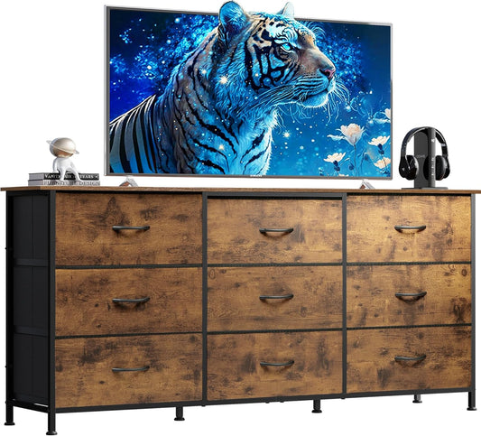 WLIVE 54''W Dresser for Bedroom, Dresser TV Stand for 55, 60, 65 inch TV, Wide Chest of Drawers with 9 Drawer, Large Entertainment Center, Fabric Dressers with Wood Top for Living Room, Rustic Brown