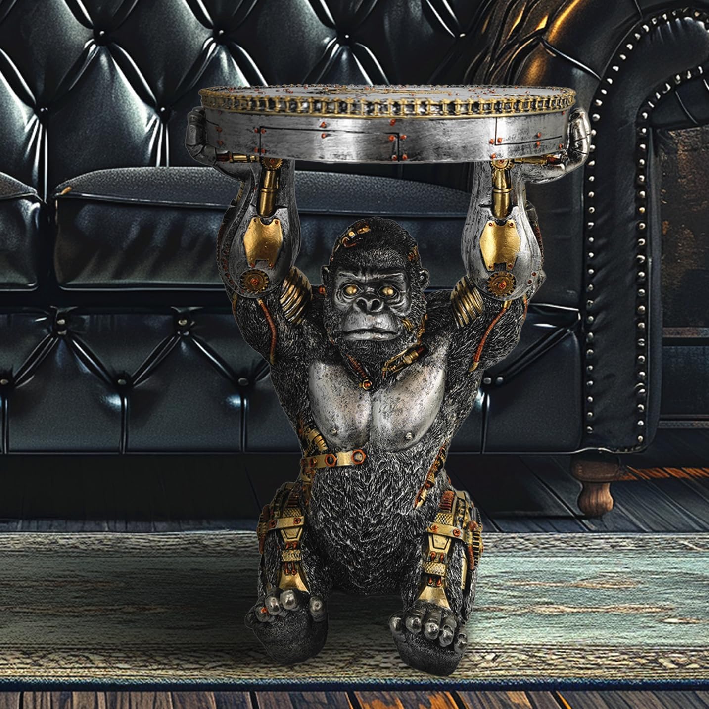 Steampunk Gorilla Side Table Pedestal End Table Stool Resin Cyborg Monkey Sci-fi Statue Sculpture Hand Painted Collectible Figurine with Cool Gear for Home Man Cave Decor Silver