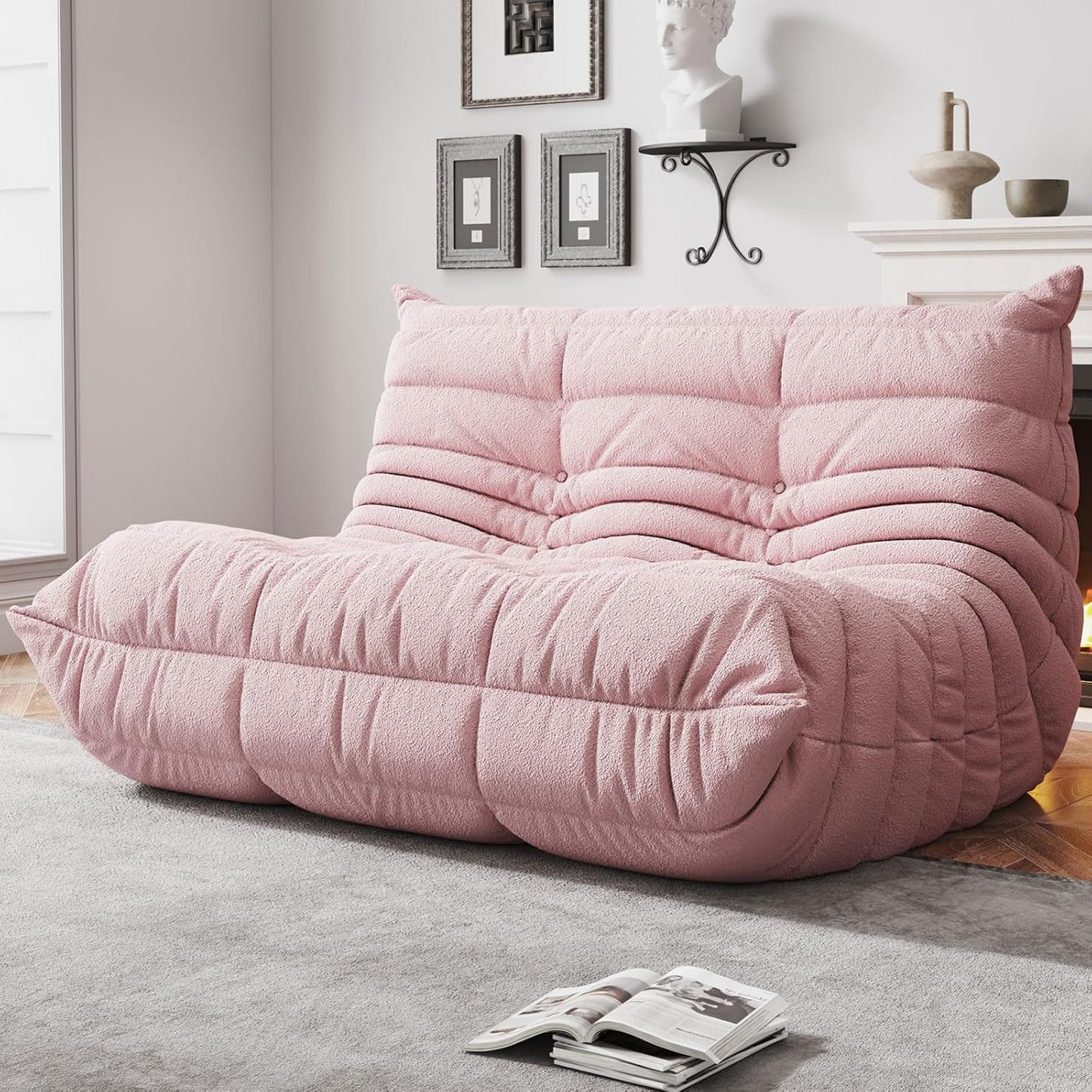 Bean Bag Chairs for Adults, Memory Foam Couch Loveseat Sofa Chair, Soft Teddy Material Cozy Comfy Reading Nook Chairs, Floor Chair for Living Room Bedroom Office(Pink)