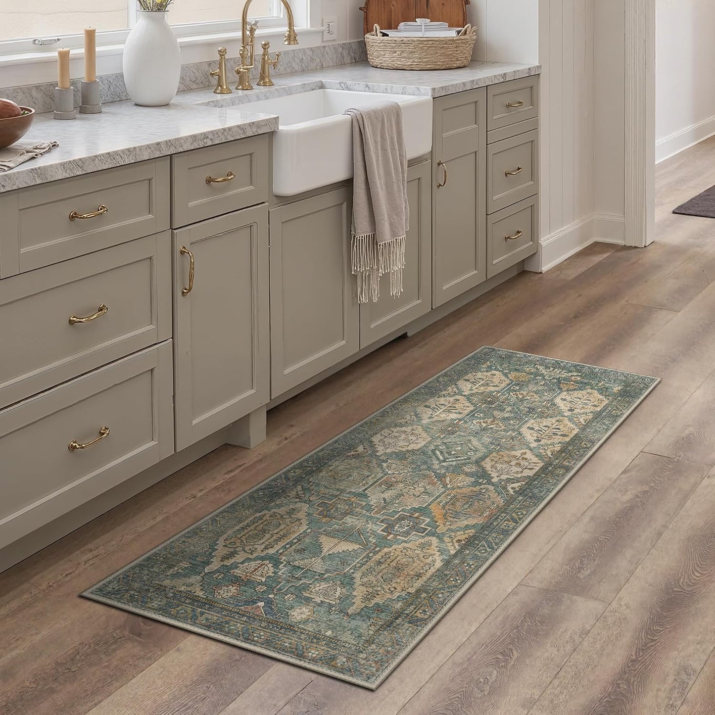 GENIMO 2x5 Runner Rugs for Hallway, Machine Washable Non Slip Vintage Rugs, Low Pile Lightweight Soft Print Rug for enrtyway, Corridor, Home Office, Kitchen, Sage Teal