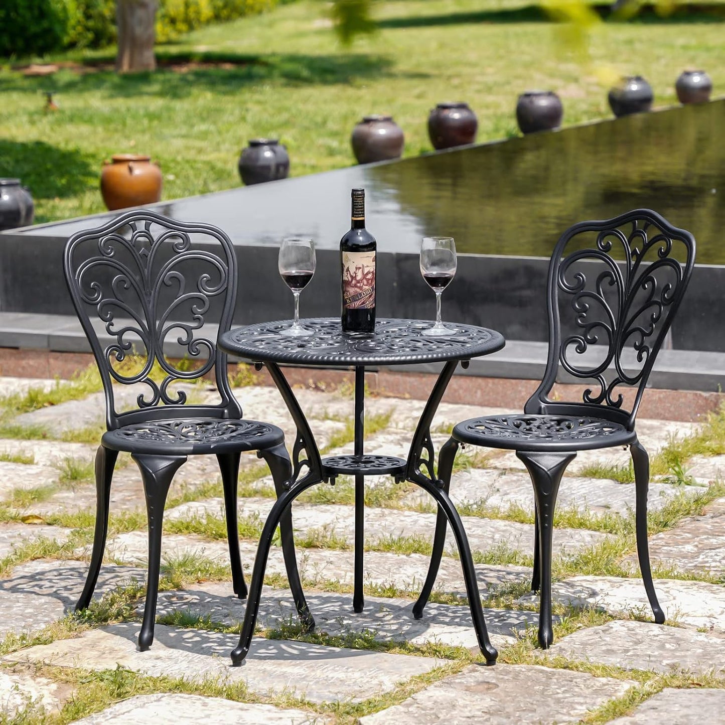Outdoor Bistro Set 3 Piece Patio Bistro Set, Cast Aluminum Bistro Table and Chairs Set of 2, Small Patio Table Set for Porch, Black