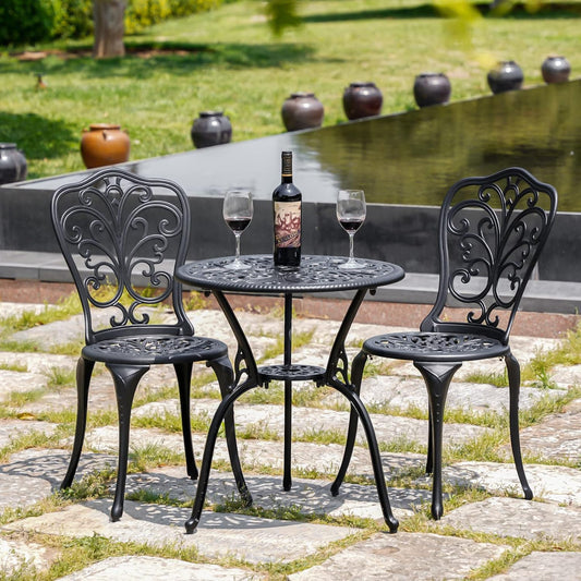 Outdoor Bistro Set 3 Piece Patio Bistro Set, Cast Aluminum Bistro Table and Chairs Set of 2, Small Patio Table Set for Porch, Black