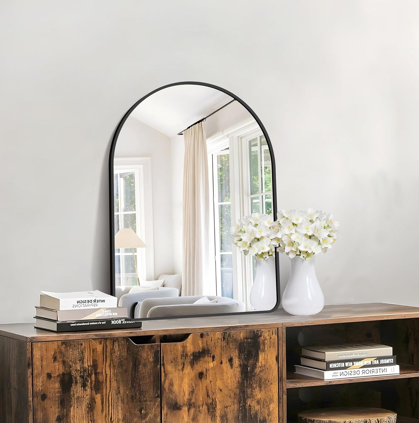 GLASHOM 20"x28" Black Arched Mirror for Bathroom, Wall Mounted Mirror, Aluminum Alloy Brushed Framed Wall Mirror, Anti-Rust, Large Mirror for Over Sink, Bedroom, Entryway Vertically Hanging