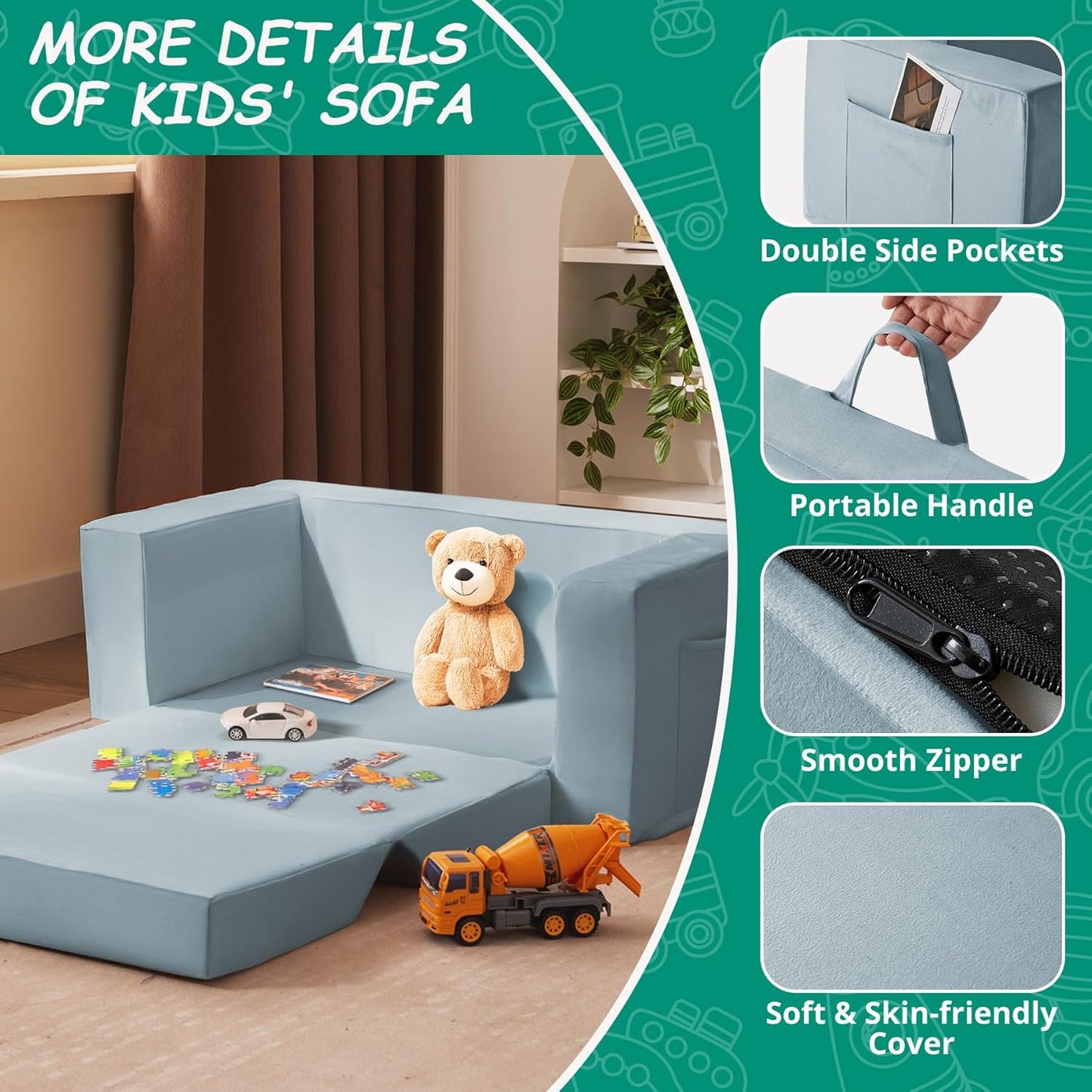 Kids Couch, 2-in-1 Toddler Chair Comfy 1-3 Years, Convertible Kids Chair, Toddler Couch That Fold Out, Kid Lounge Chairs for Boys and Girls, Soft Coral Fleece, Double, Blue