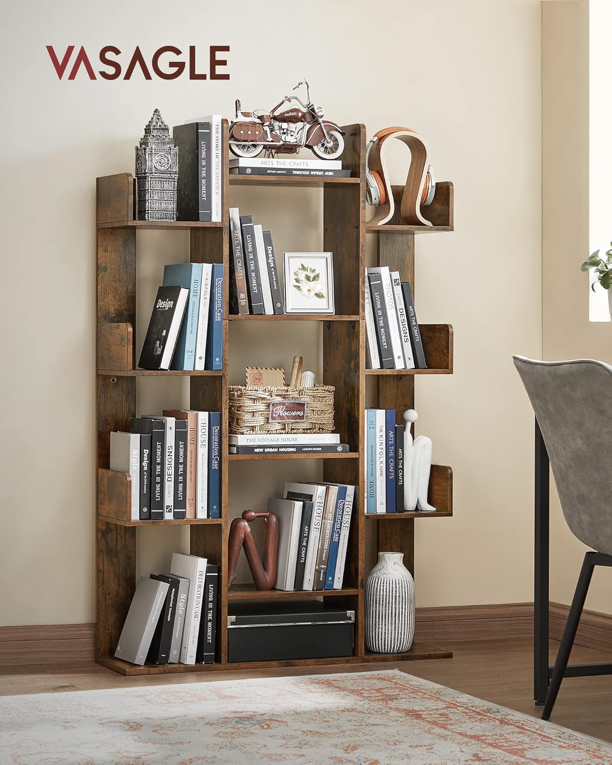 VASAGLE Bookshelf, Tree-Shaped Bookcase with 13 Storage Shelves, Rounded Corners, 9.8”D x 33.9”W x 55.1”H, Rustic Brown ULBC67BXV1