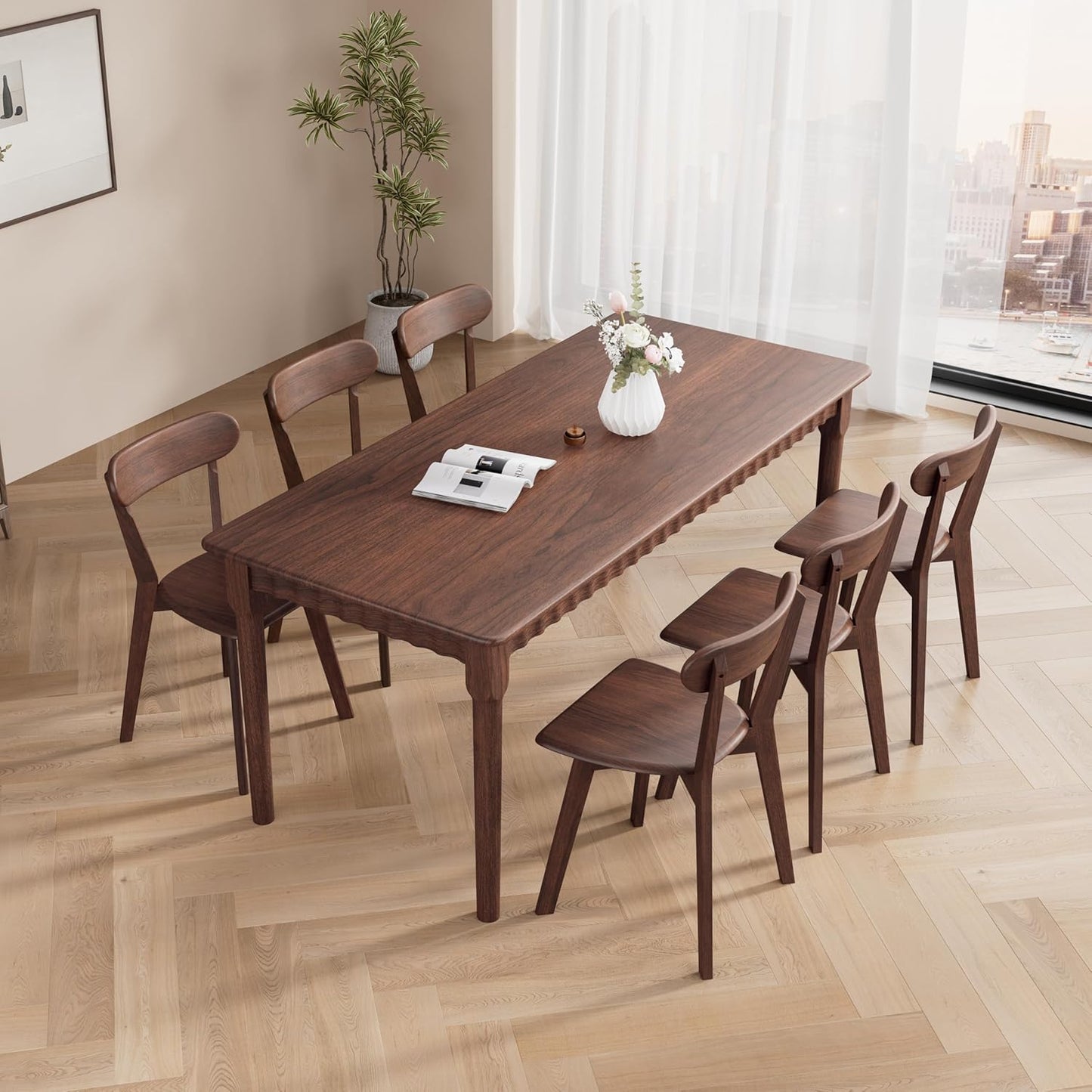 Solid Wood Dining Chairs Set of 6, Wooden Dining Room Chairs for Whole Family Use, Farmhouse Kitchen Chairs Set Suitable for Dining Room, Living Room, Walnut