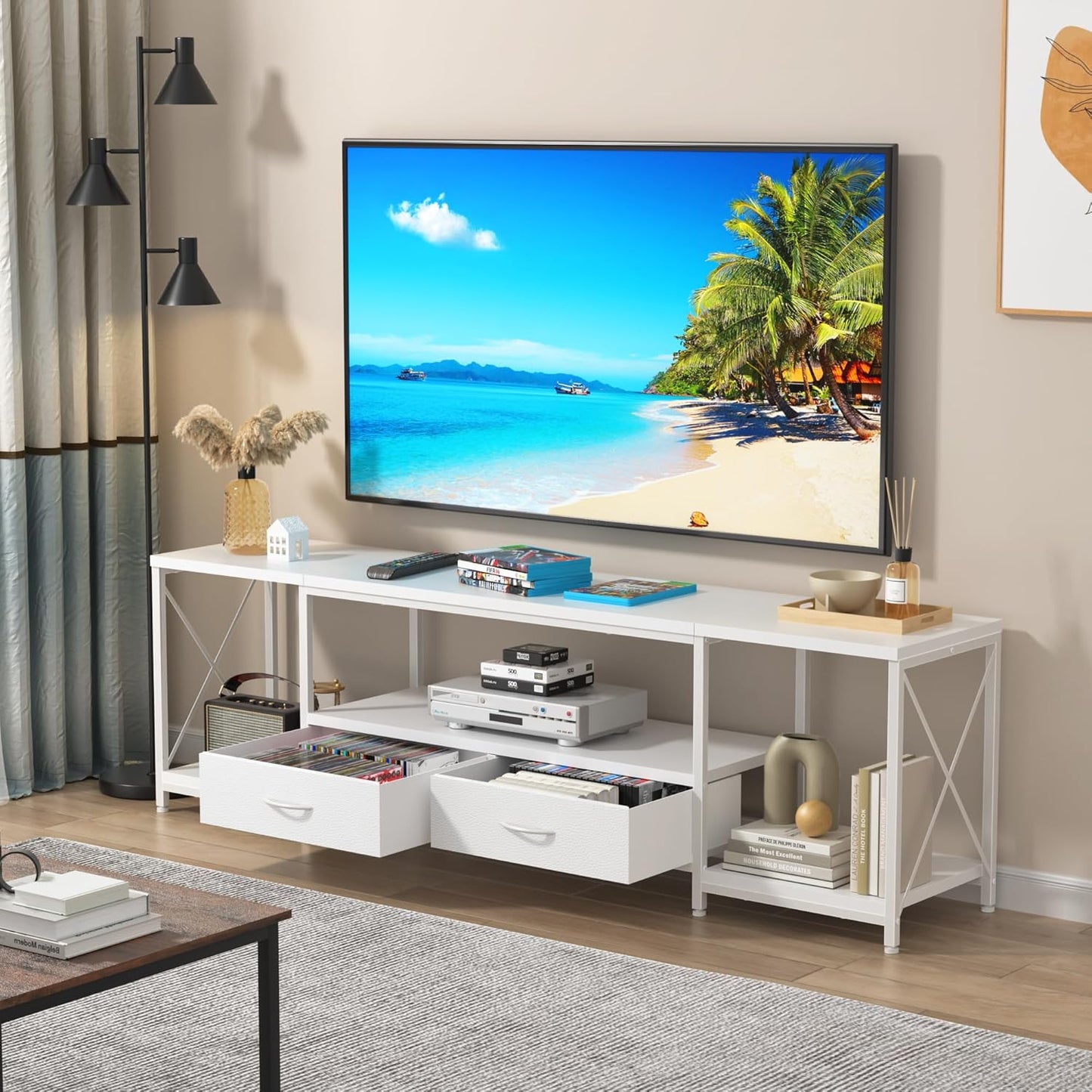 TV Stand with Fabric Drawers for 55 60 65 Inches TV - Entertainment Center and Industrial TV Console Table with Open Storage Shelves for Living Room, Bedroom - 55.1" White