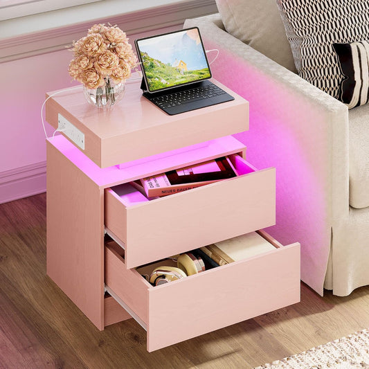 LIKIMIO Night Stand with Charging Station, Modern Pink Nightstand with LED Light and Drawers, Bedside Tables/End Table for Bedroom