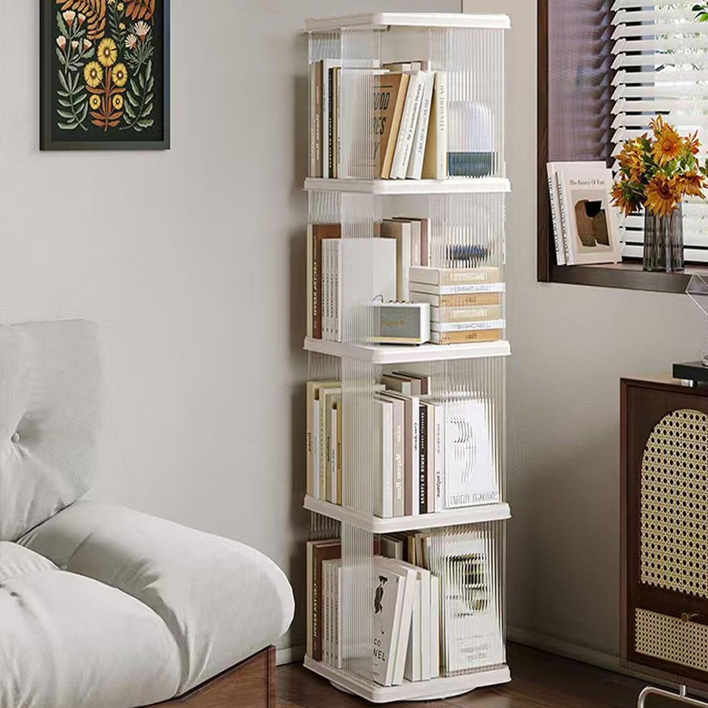 4 Tier Rotating Bookshelf Tower,360 Display Rotating Bookshelf,53.4 inch High Small Space Revolving Bookcase, Home Office Spinning Bookshelf Tower(Rectangular, White)