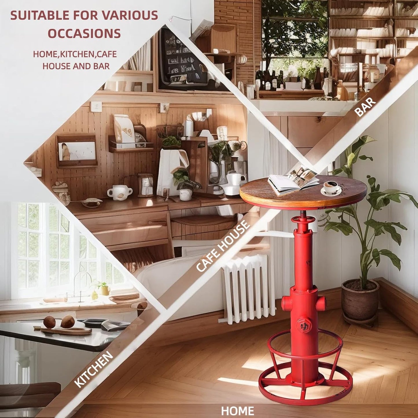 Vintage 38.6-44.4inch Height Adjustable Bar Table Industrial Fire Hydrant Design Pub Tables Farmhouse Cafe Cocktail Desk Rustic Bistro Table Swivel Wooden Top