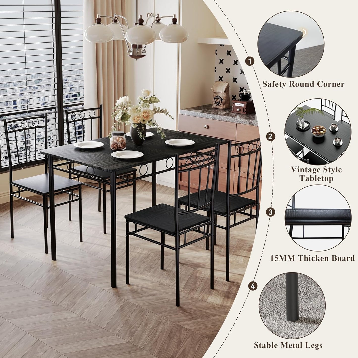 5 Piece Dining Table Set, Modern Metal&Wood Kitchen Dinner Table with 4 Chairs, Dining Room Table Sets for Small Spaces, Black