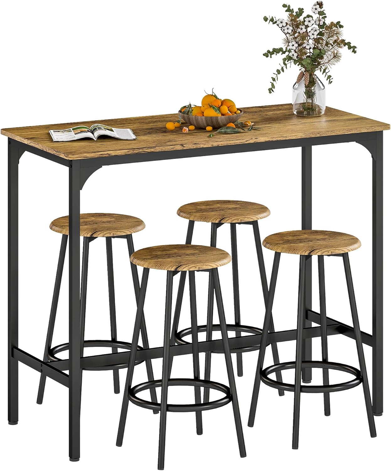 HOMCOM 5-Piece Counter Height Bar Table Set, Rustic 43.25" Dining Table with 4 Bar Stools, Kitchen Table with Wooden Top for Pub, Dining Room, Rustic Brown