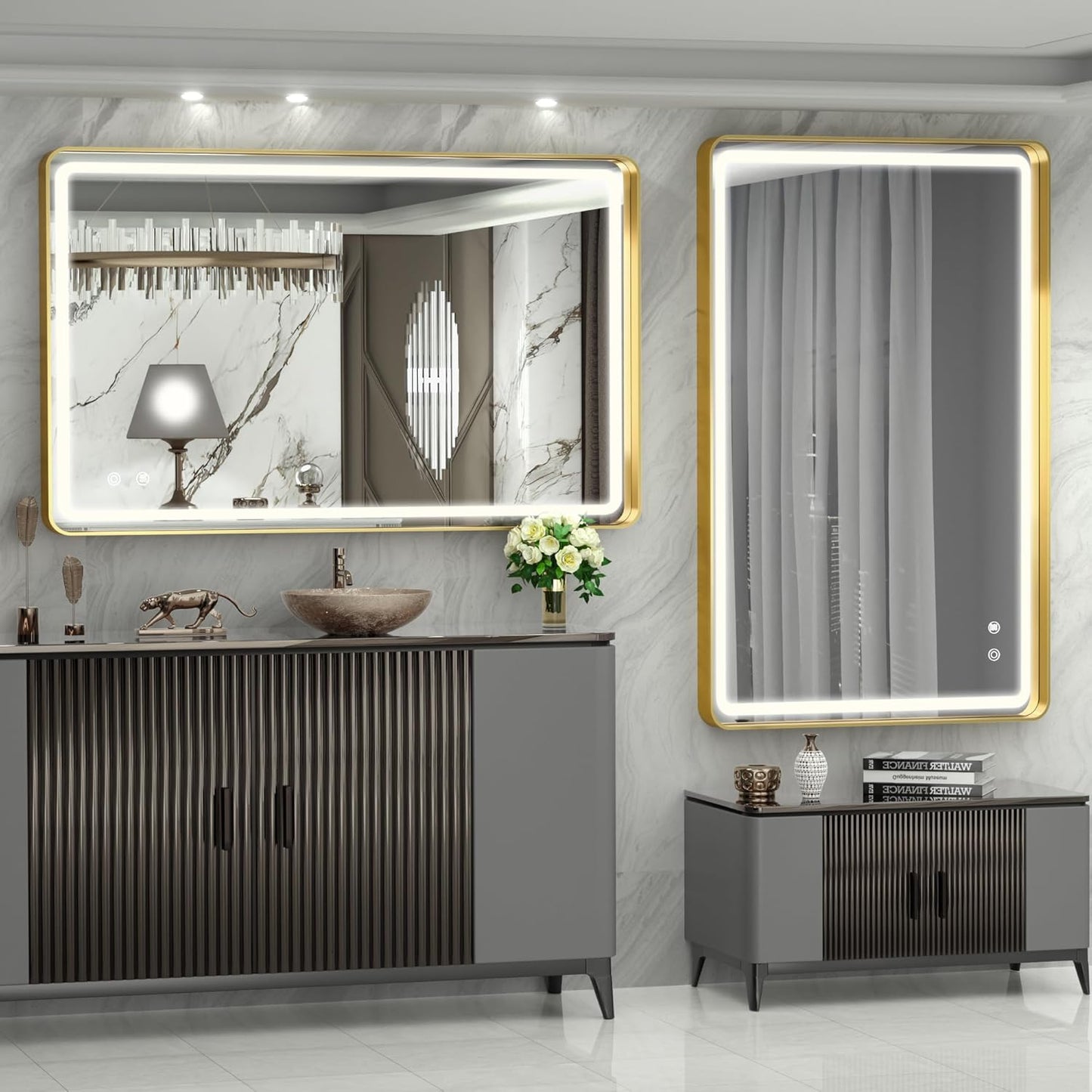 Hasipu LED Bathroom Mirror with Lights 40 x 26 Inch, Gold Metal Frame Light Mirror for Vanity Anti-Fog, Dimmable, 3 Colors (Horizontal/Vertical)