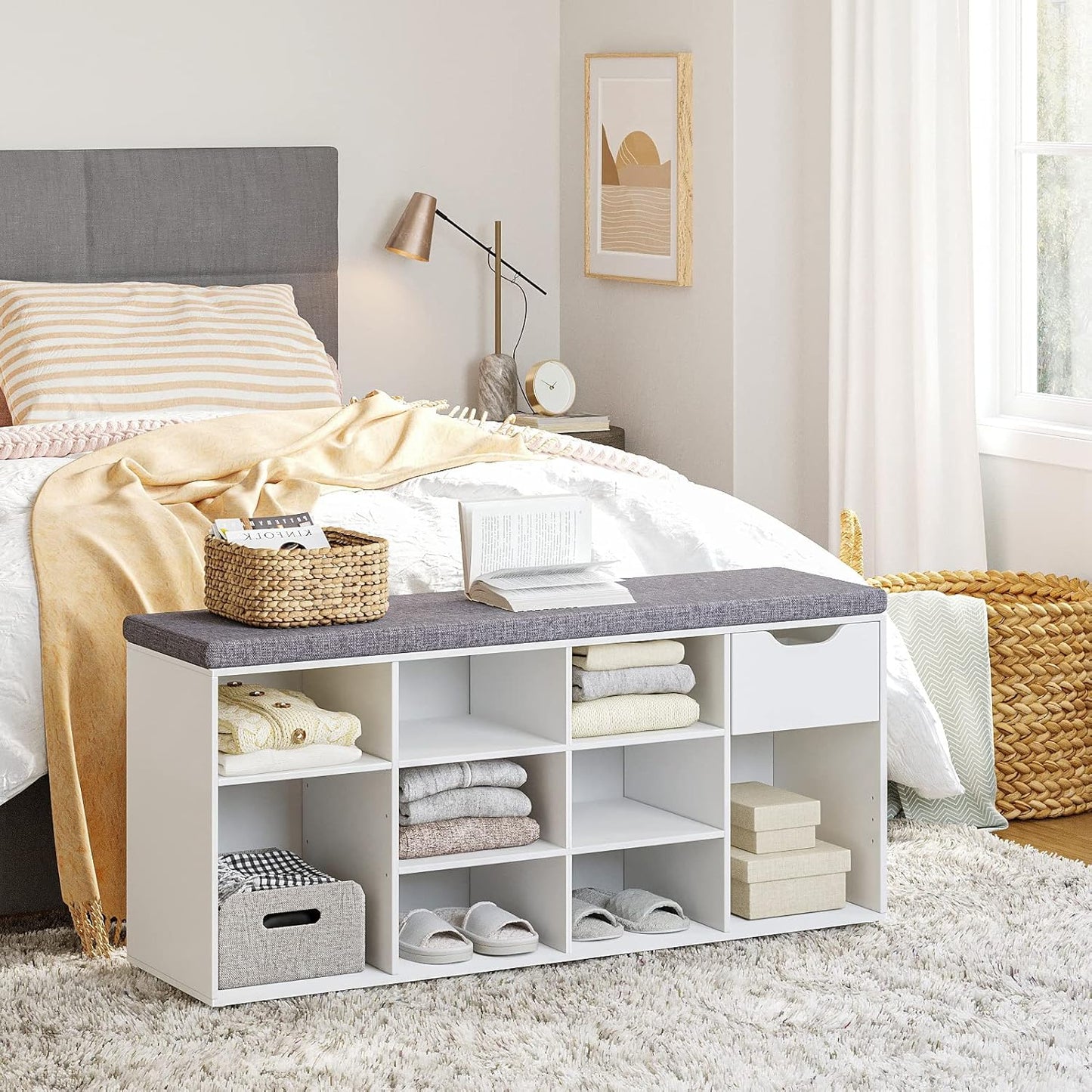 DINZI LVJ Shoe Bench, Entryway Storage Bench with Drawer and 11 Cubbies, Cubby Shoe Rack with Adjustable Shelves, Shoe Organizer Cabinet for Living Room, Bedroom, Mudroom, Closet and Garage, White