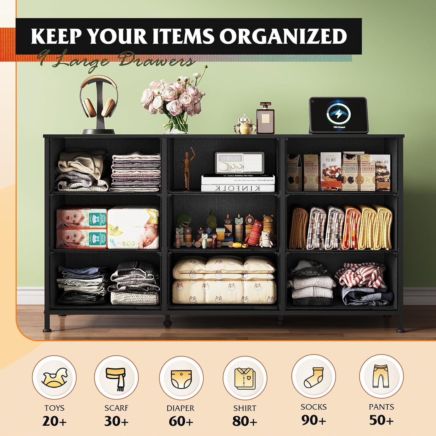 WLIVE 47''W Dresser for Bedroom, Black Dresser TV Stand for 45, 50, 55 inch TV, Wide Chest of Drawers with 9 Drawer, Large Entertainment Center, Fabric Dressers with Wood Top for Closet, Living Room