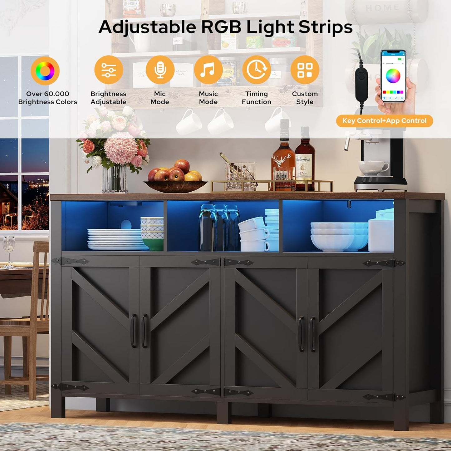 Buffet Sideboard with Storage with Power Outlets & LED Light 4 Doors, 55'' Large Farmhouse Kitchen Storage Cabinet Wood Coffee Bar Cabinet Buffet Table for Kitchen, Dining Room, Entryway