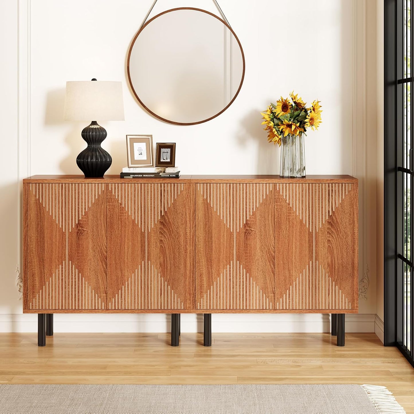 LITTLE TREE 59 Inches Long Sideboard Buffet Cabinet, Vintage Storage Cabinet with 4 Doors, Large Coffee Bar Cabinets for Kitchen, Cupboard Console Cabinets, Old Rose Color