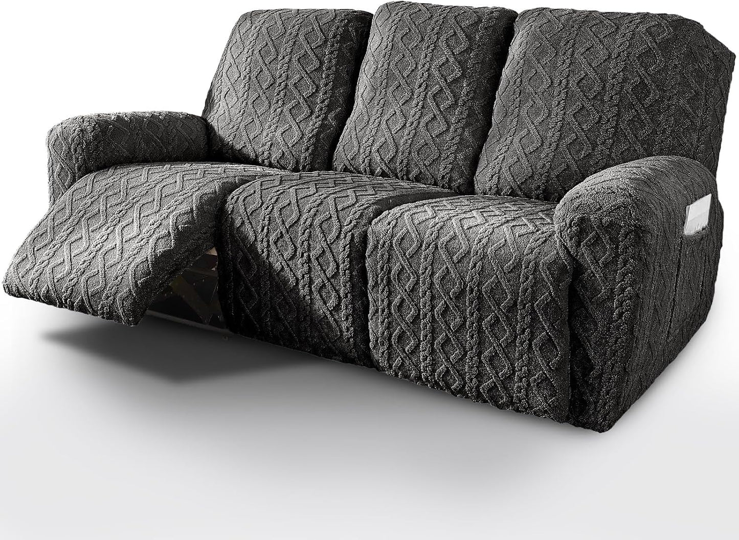 vctops 8 Pieces Geometric Jacquard Plush Recliner Sofa Covers Soft Fuzzy Fluffy 3 Seats Couch Cover Anti-Slip Sofa Slipcover Furniture Protector with Elastic Bottom for Kids Pet(Dark Grey,3 Seat)