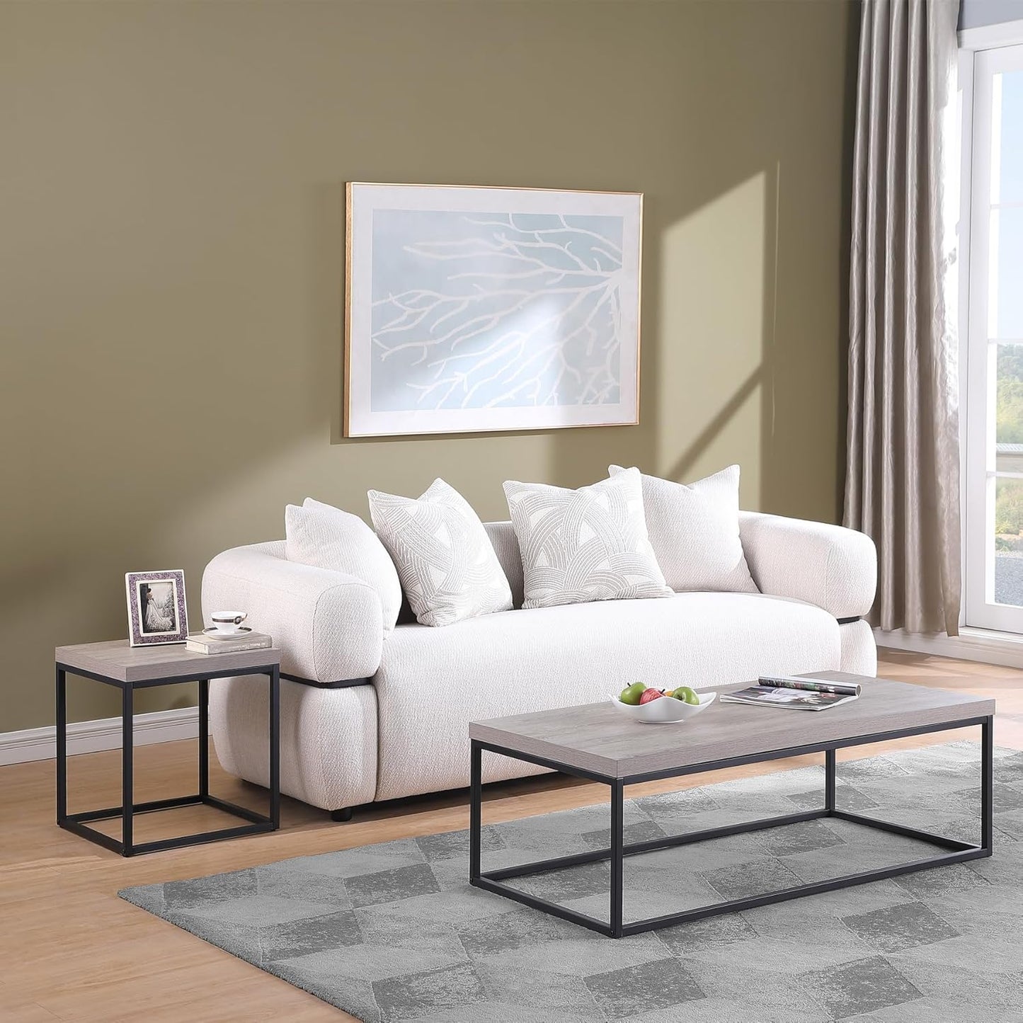 CENSI 47-Inch Grey Wash Accent Coffee Table/Center Table for Living Room, Rectangle Modern Industrial Style,Wood and Metal, Max.Loading 220 lbs. (French Oak)