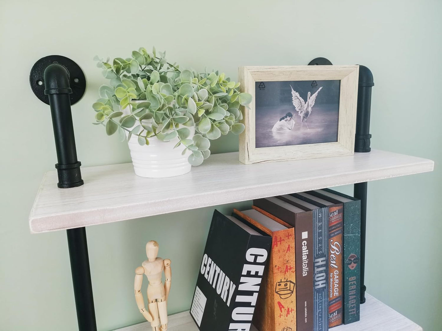 Industrial Ladder Pipe Shelves, Wall Mounted Wood Metal Rustic Bookshelf for Living Room (White, 6 Tier - 10" D x 24" W x 82.5" H)