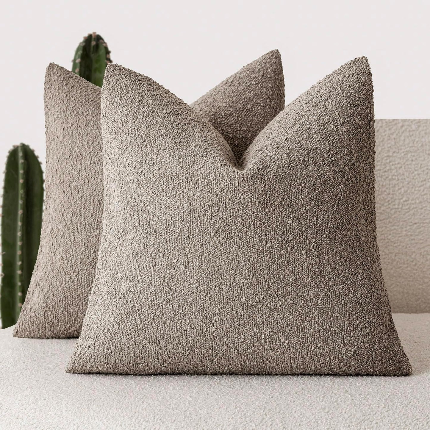 Foindtower Set of 2, Decorative Textured Boucle Throw Pillow Covers Accent Solid Pillow Cases Neutral Soft Cozy Couch Cushion Case for Chair Sofa Bedroom Living Room Home Decor 24x24 Inch Light Taupe