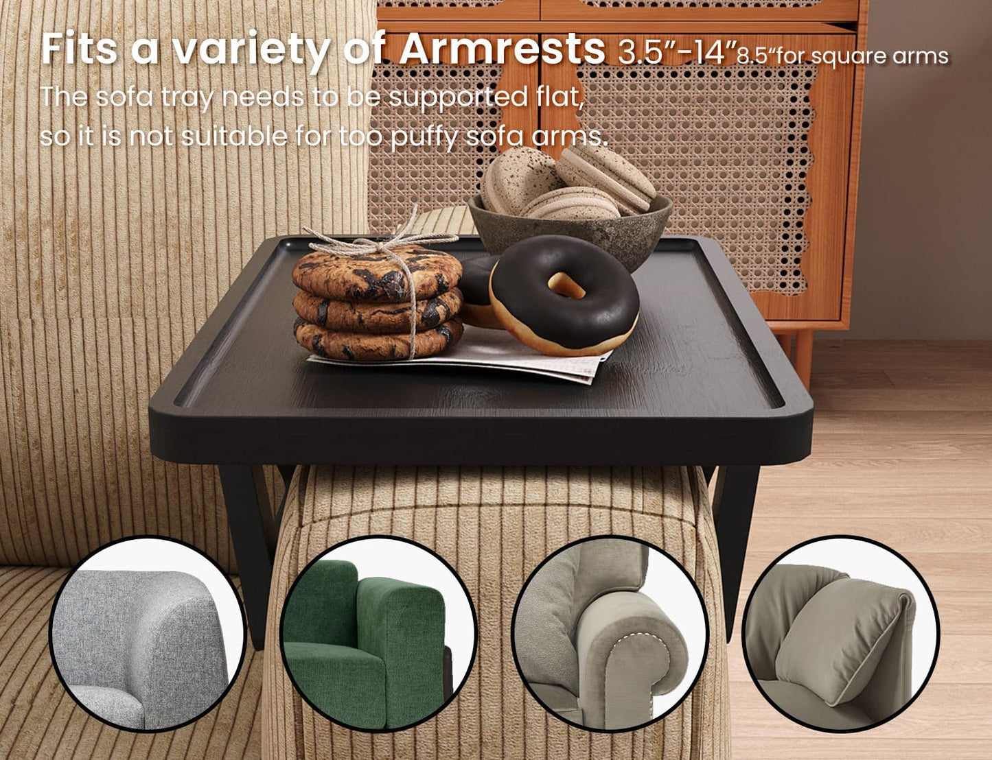 2 Pack Couch Arm Tray,Bamboo Folding Sofa Tray,Sofa Armrest Trays Clip-On Couch Desk for Drinks,Snacks,Phone,Remote Control（Black）