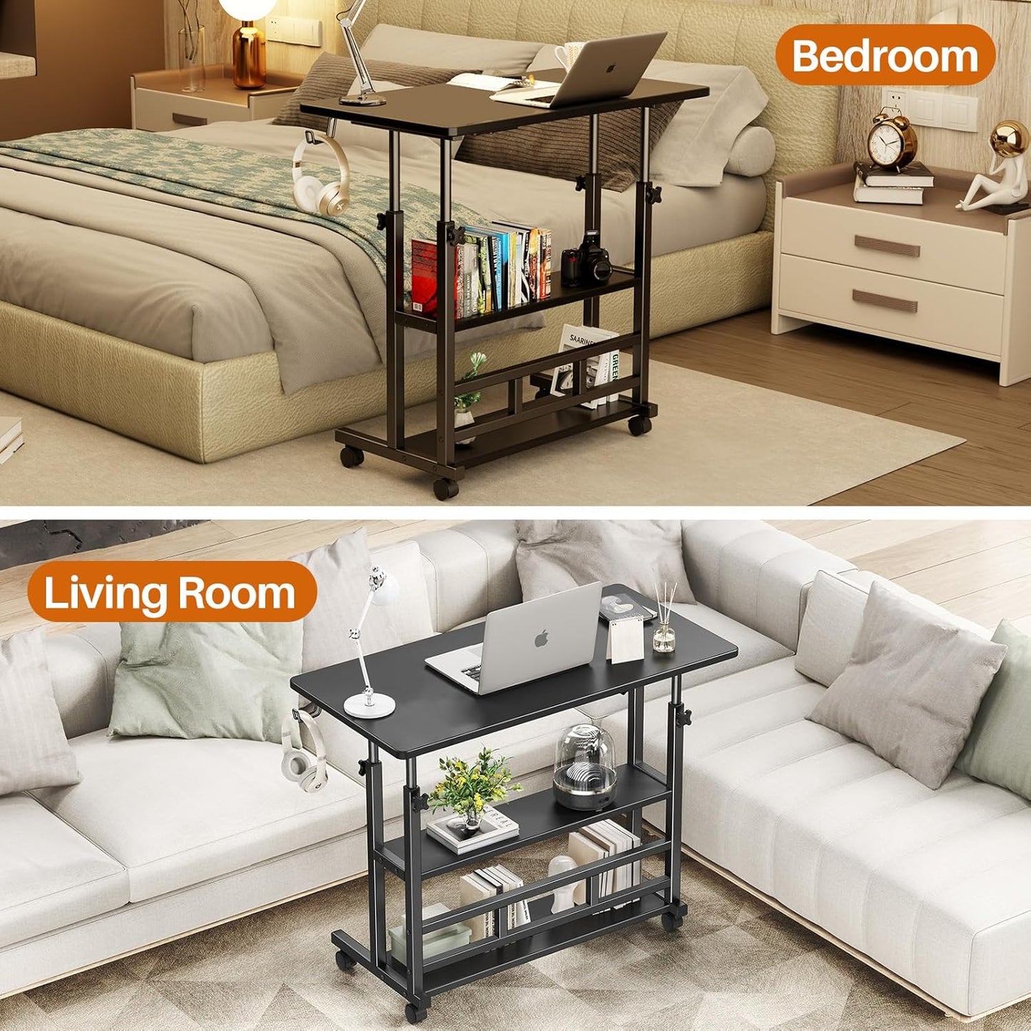 Adjustable Height Standing Desk, Rolling Stand Up Desk with Storage Shelves, 31.5" Small Mobile Computer Desk, Portable Laptop Table (Simple Black)