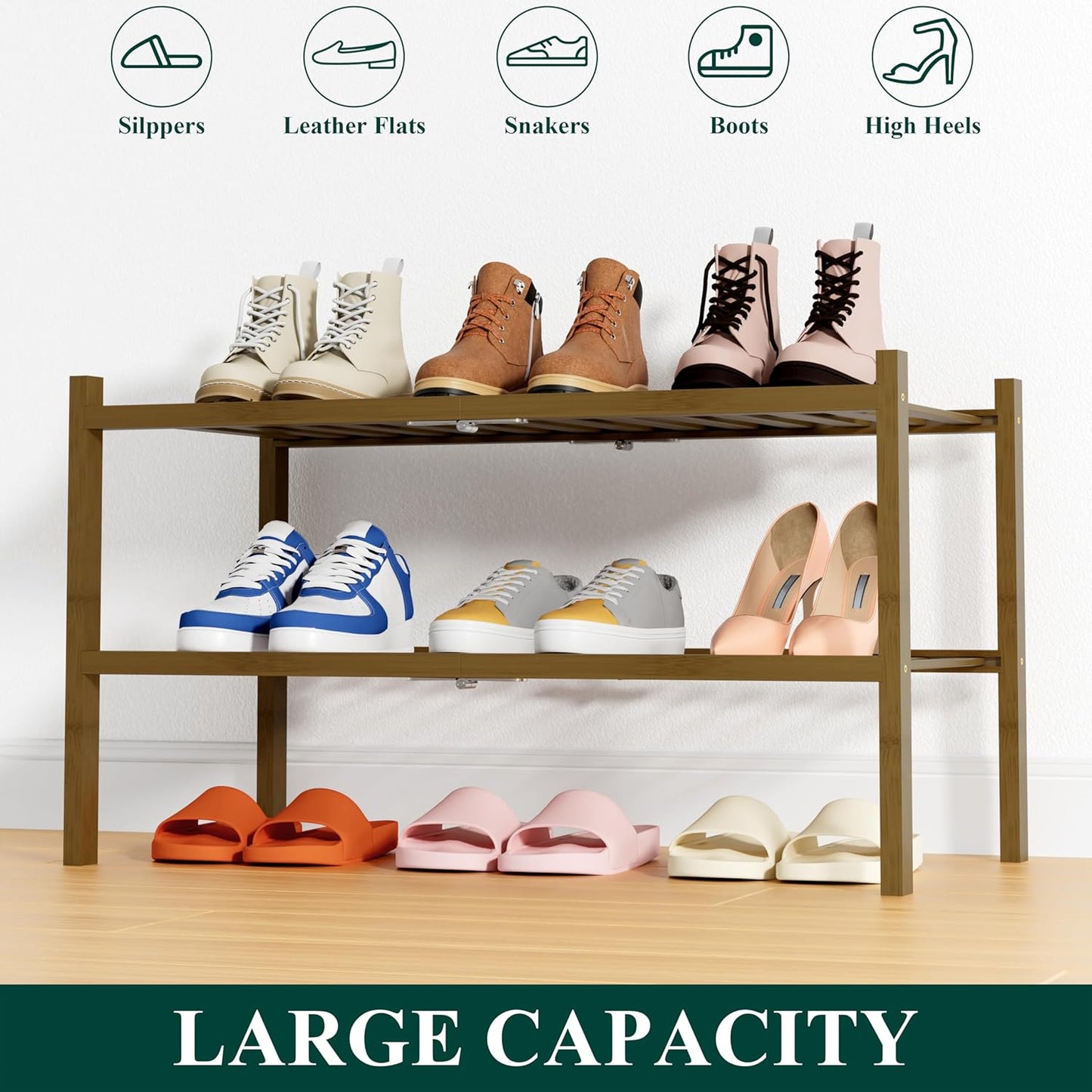 Smiry Shoe Rack, 2 Tier Thick Bamboo Shoe Organizer, Stackable Free Standing Wooden Shoe Storage Shelf for Closet, Entryway, Front Door Entrance, Walnut