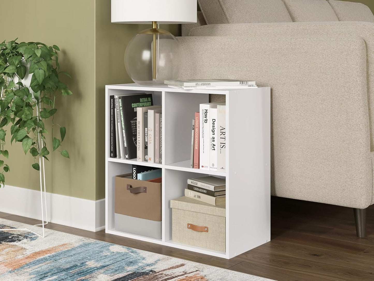 Signature Design by Ashley Onita Modern 2-Tier Floor Standing 4 Cube Organizer for Living Room, White