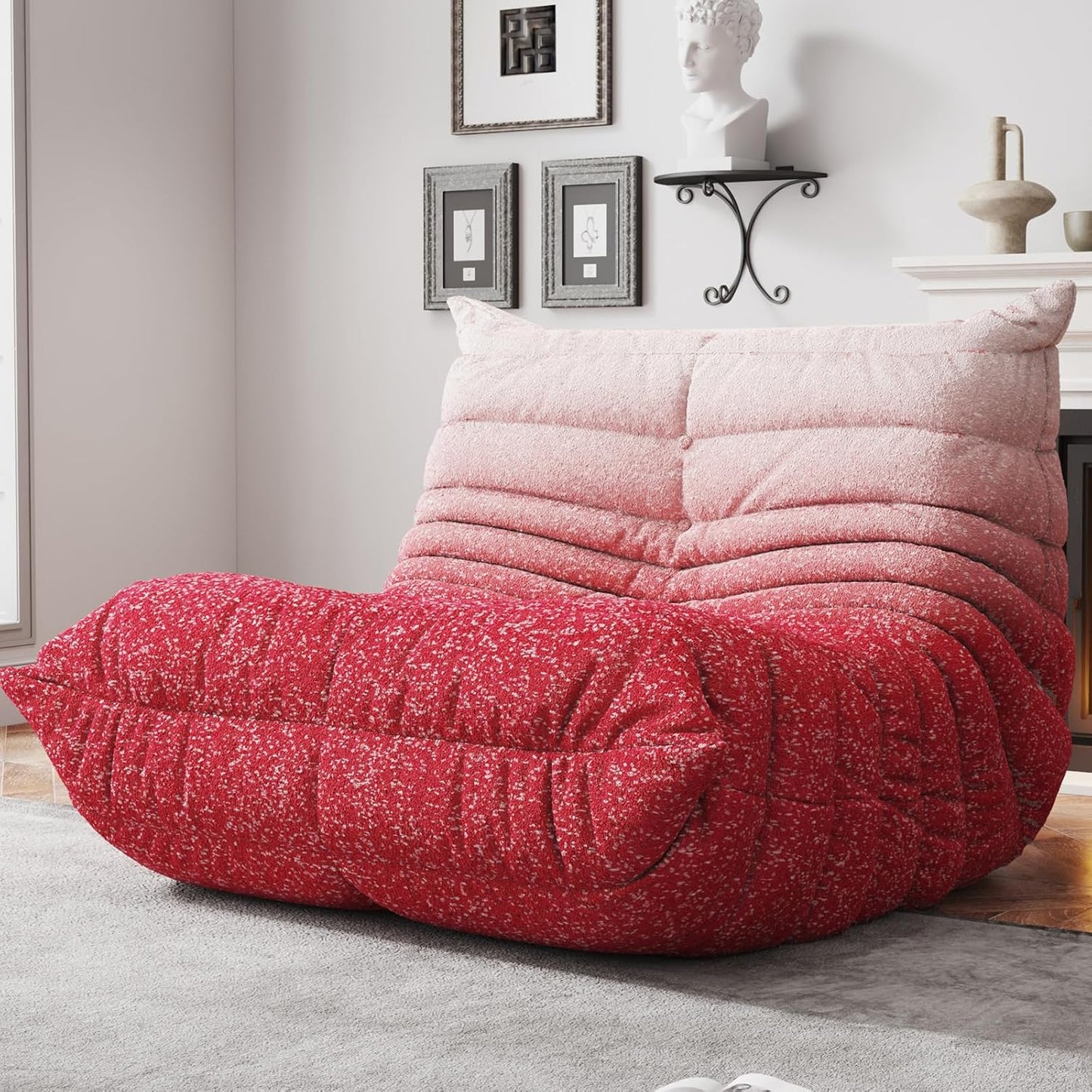 Bean Bag Chairs for Adults, BeanBag Reading Chair Memory Foam Couch, Floor Chair Soft Teddy Material, Comfy Reading Nook Chairs for Bedroom Living Room Office (Pink White)