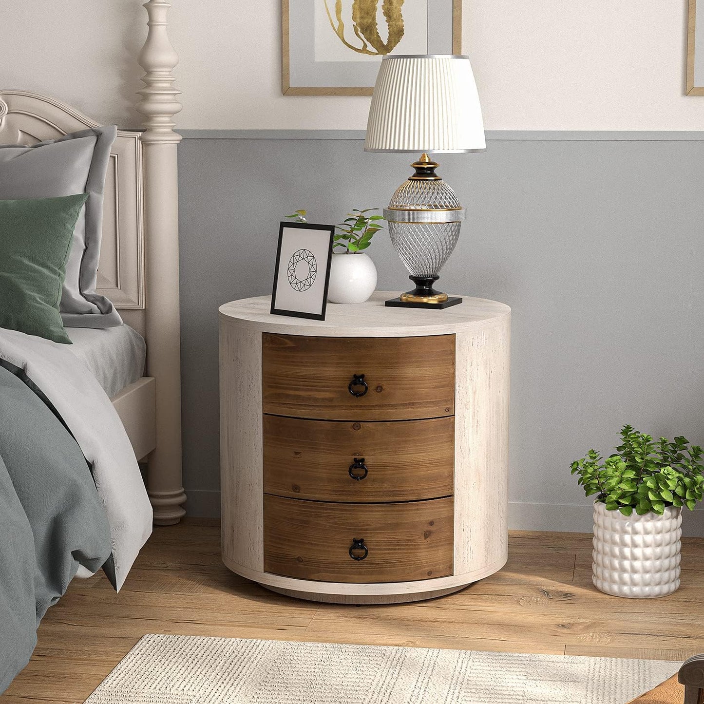 COSIEST 3 Drawer Chest of Drawers, 20 inch MDF Round Storage Cabinet, Retro Whitewash Finish Nightstand, Wood Bedside Table with Drawers for Bedroom Living Room