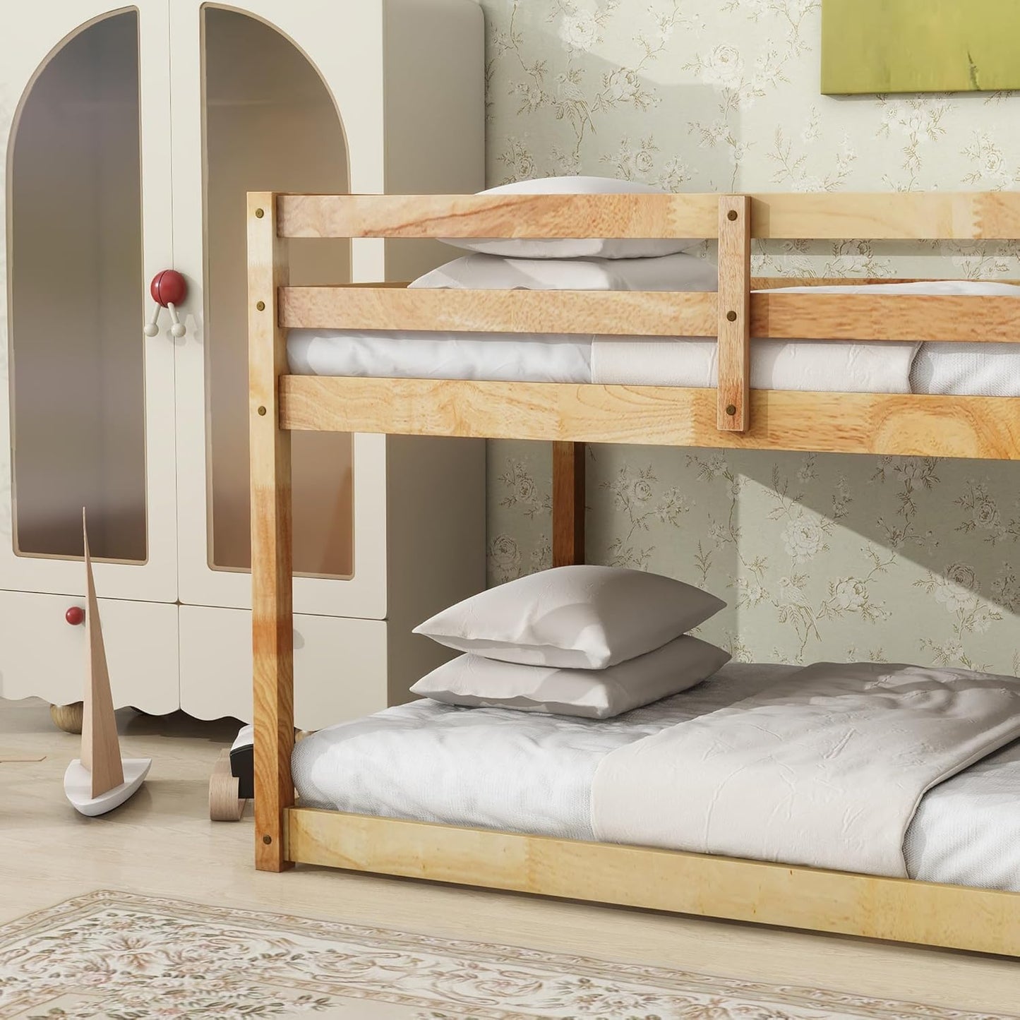 Ball & Cast Bunk Bed Twin Over Twin,Floor Bunk Bed with Ladder,Solid Rubber Wooden Bed Frame w/Full Length Guardrail,for Dormitory, No Box Spring Needed,for Kids Teens,Natural