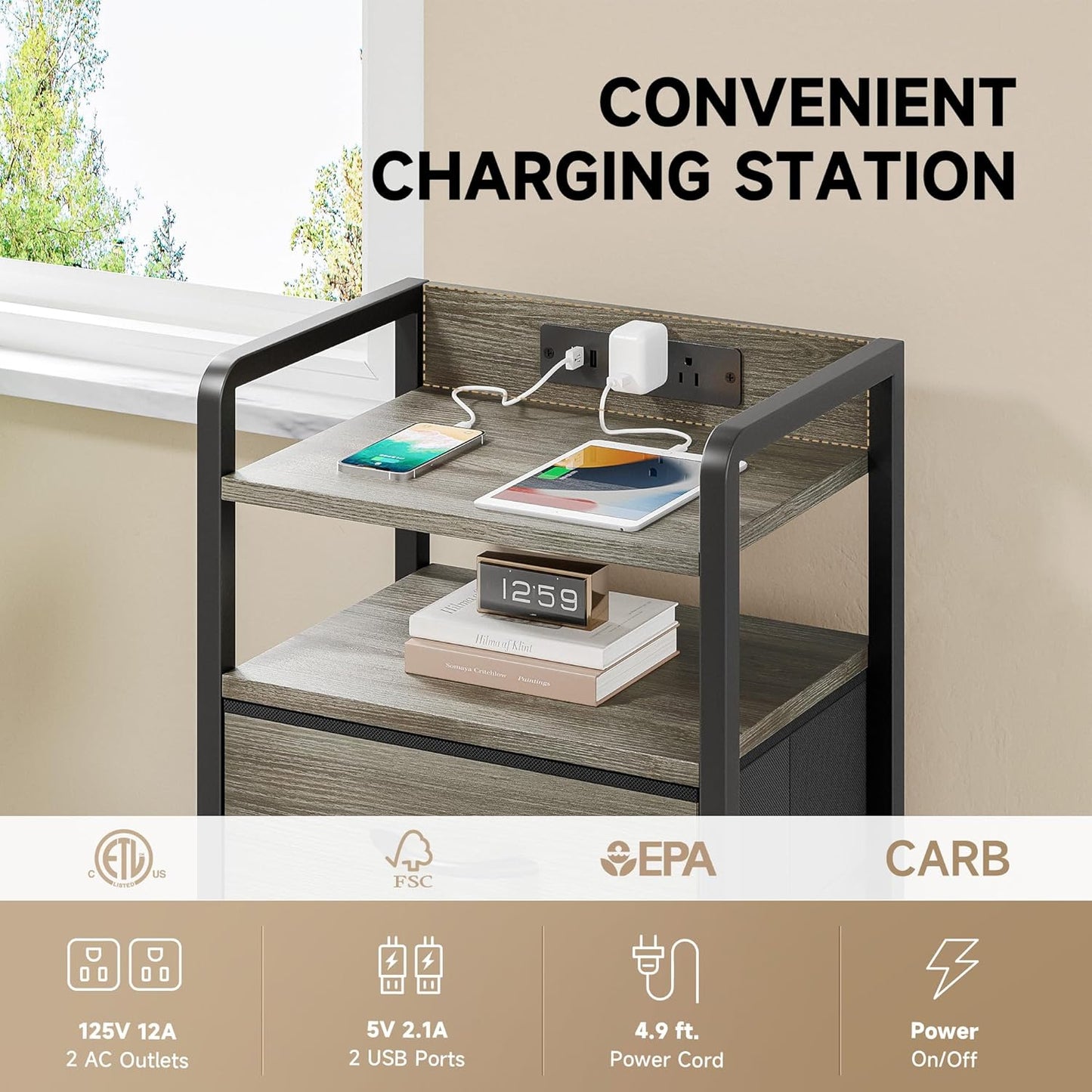 Grey NightStand with Charging Station - Morden Nightstand with USB Ports & AC Outlets, Grey End Table with Storage Shelf & 4 Fabric Drawers, LED Light Strip