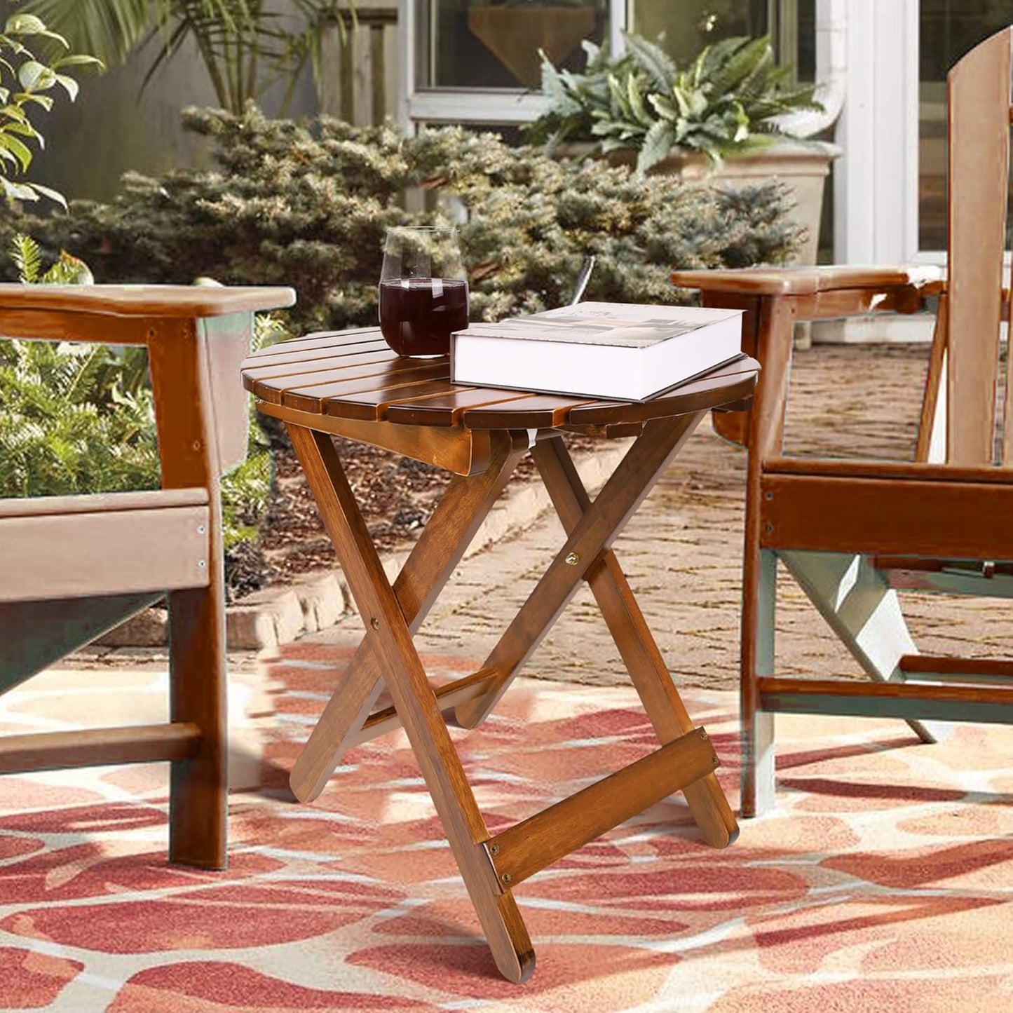 Outdoor Patio Side Table Set of 2 Small Folding Wood Round End Table Coffee Furniture for Living Room, Bedroom, Plant Stand, Camping Portable Brown