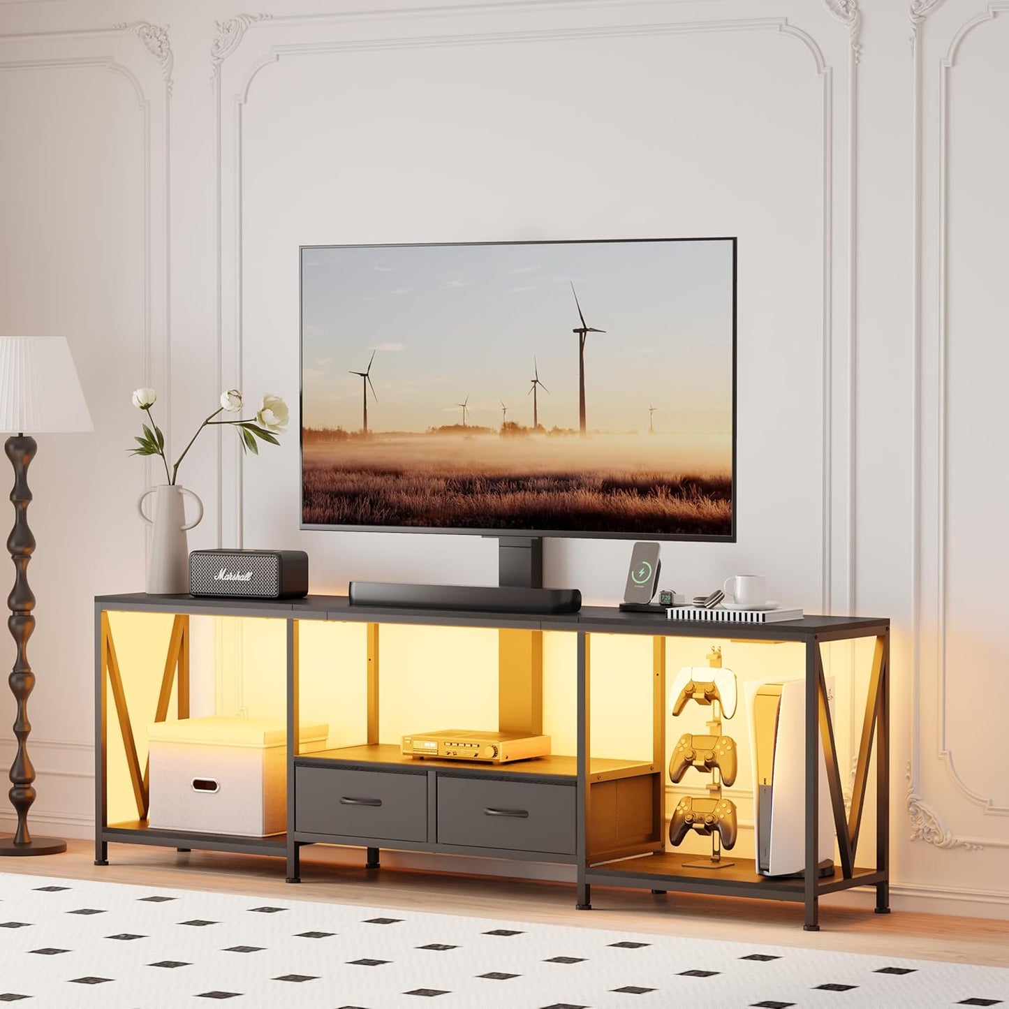 63" W TV Stand with Mount for 50,55,65,75" TV,Entertainment Center with Power Outlet and Led Lights,Height Adjustable TV Console Table with Open Storage Shelves and Fabric Drawers (Black)