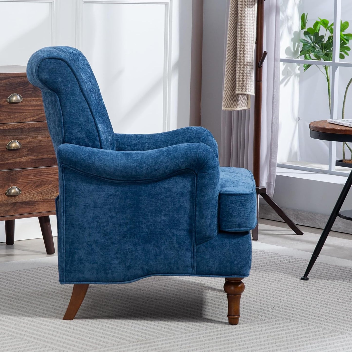 Ball & Cast Comfy Chenille Club Sofa Living Room Chairs,Accent Chair with Springs Cushions & Retro Wooden Legs,Reading Armchair for Bedroom,Office,Blue