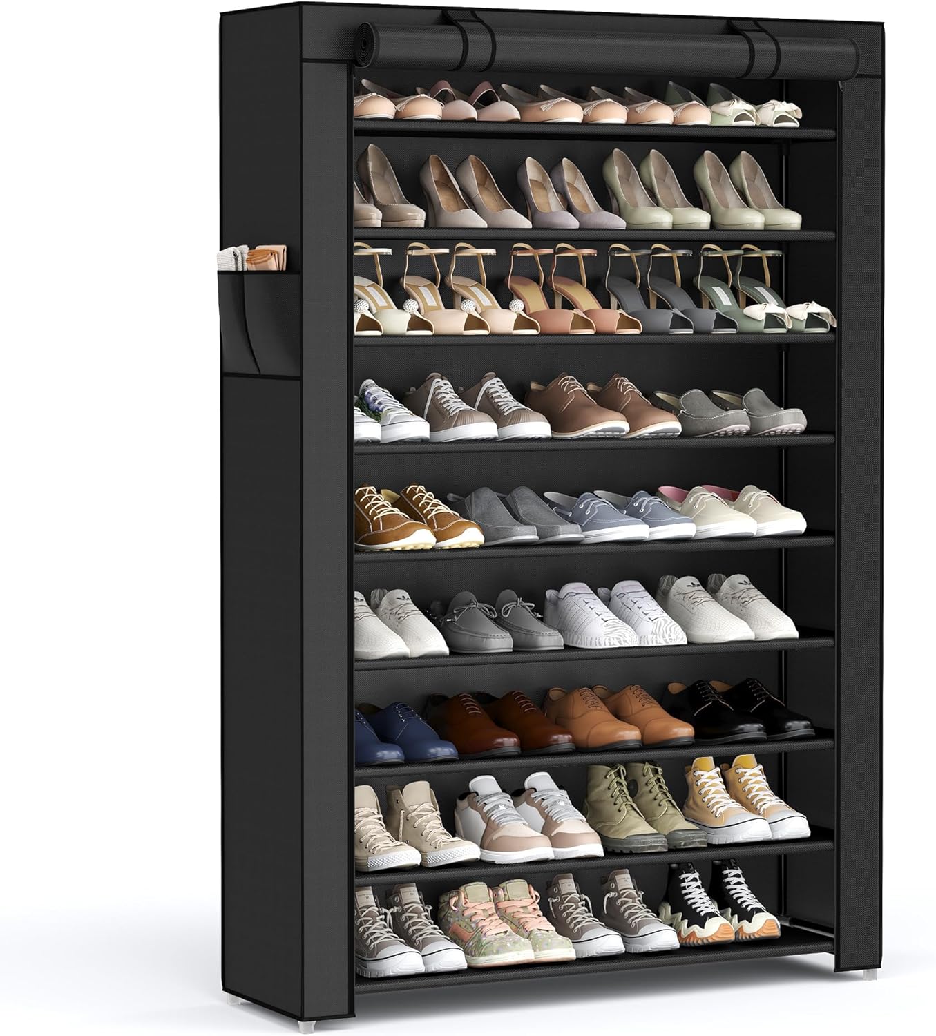 SONGMICS Shoe Rack with Non-Woven Fabric Cover, 9 Tier Storage Shelf for 40-50 Pairs of Shoes, Entryway, Suitable for Sneakers, High Heels, Flats, and Boots, Black URXJ36HV1