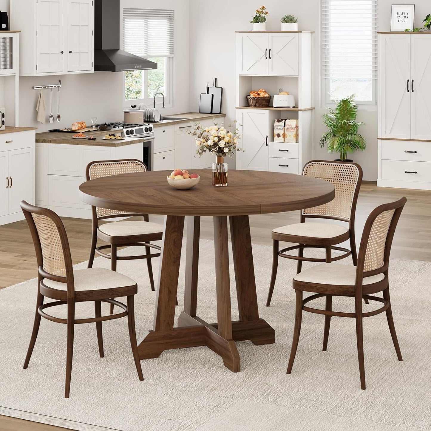 GarveeHome Round Dining Table for 4,Kitchen Dining Room Circle Dinner Pedestal Table,Space Saving Wood Kitchen & Dining Room Furniture,Brown 47-inch Diameter