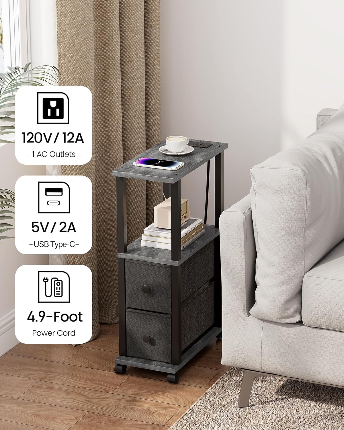 TUTOTAK Small Narrow End Tables, LED Side Tables with 2 Fabric Drawers, Set of 2, Bedside Tables with Charging Station for Small Spaces, Slim Nightstands with USB Ports and Wheels, TB01BY053L