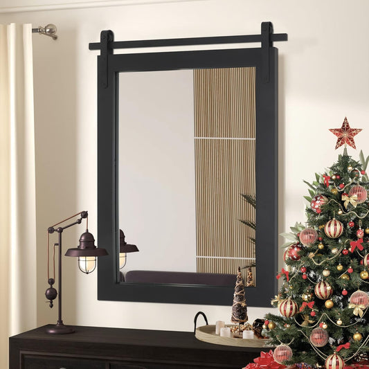 Black Farmhouse Mirror - 24x36INCH Wood Framed Square Bathroom Mirror for Vanity, Barn Door Style Wall Mounted Dresser Decor Living Room Bedroom Vertical