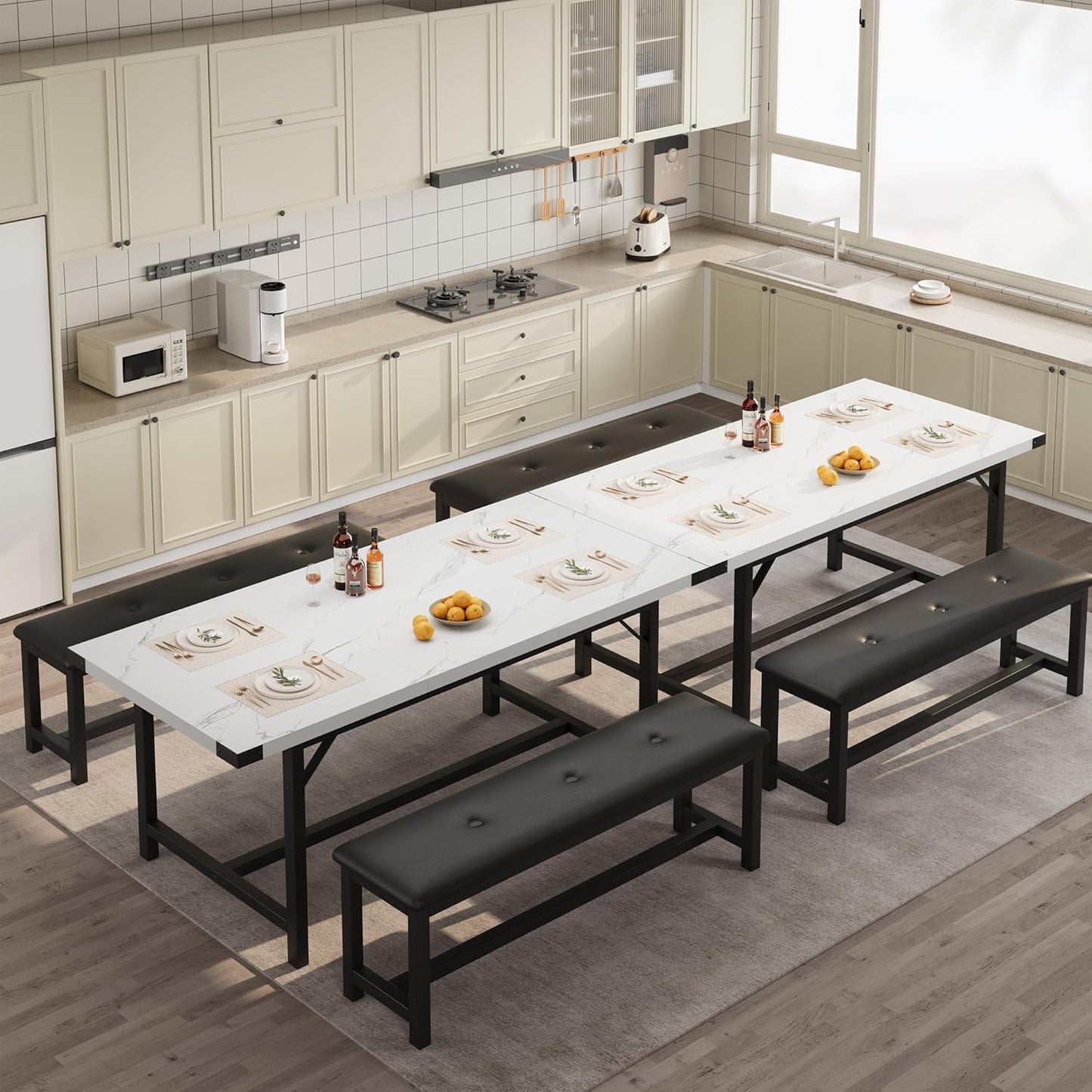 GarveeHome Extendable Dining Table Set for 4-6, Rectangle Large Extendable Kitchen Table with 2 Upholstered Benches & Metal Corner Protect for Dining, Apartment, Space Saving, Marble White