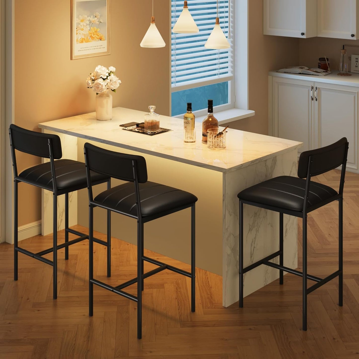 GarveeHome Bar Stools Set of 2, Upholstered Counter Height Bar Stools with Backrest and Footrest, Kitchen Barstools for Island, Counter Bar, Easy Assembly, Black