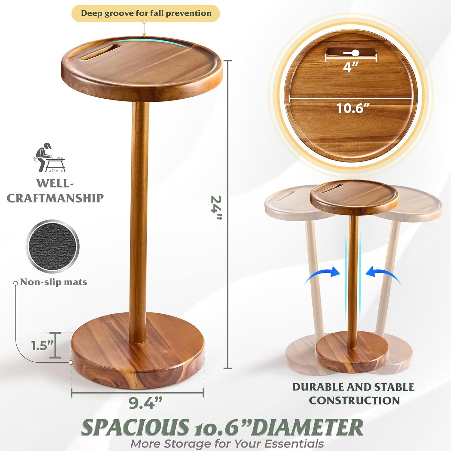 Drink Table, 24.4" Tall Compact Side Table with Phone Slot and Weighted Base, Durable Pedestal Table Accent for Living Room (Flat, Acacia)